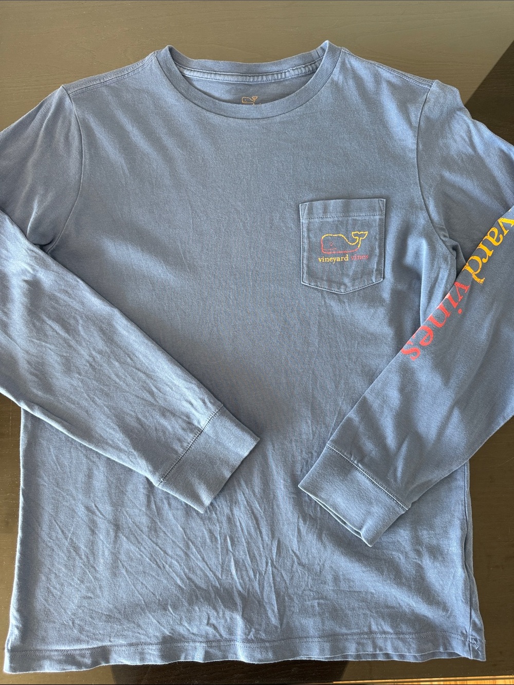 Vineyard Vines Blue Long Sleeve Pocket Tee with Yellow & Red Logo